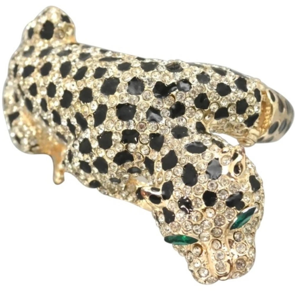 💚🔹️NATASHA🔹️gold Tone Green Eyed Leopard Enamel  Rhinestones Bracelet